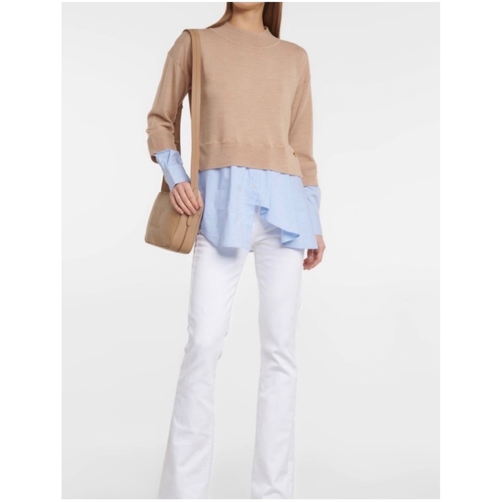 Veronica Beard Beri Mixed Media Pullover Merino Wool Camel Blue Striped luxury